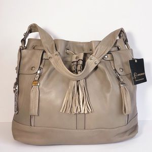 B Makowsky Sadie Taupe Drawstring Leather Shoulder Handbag